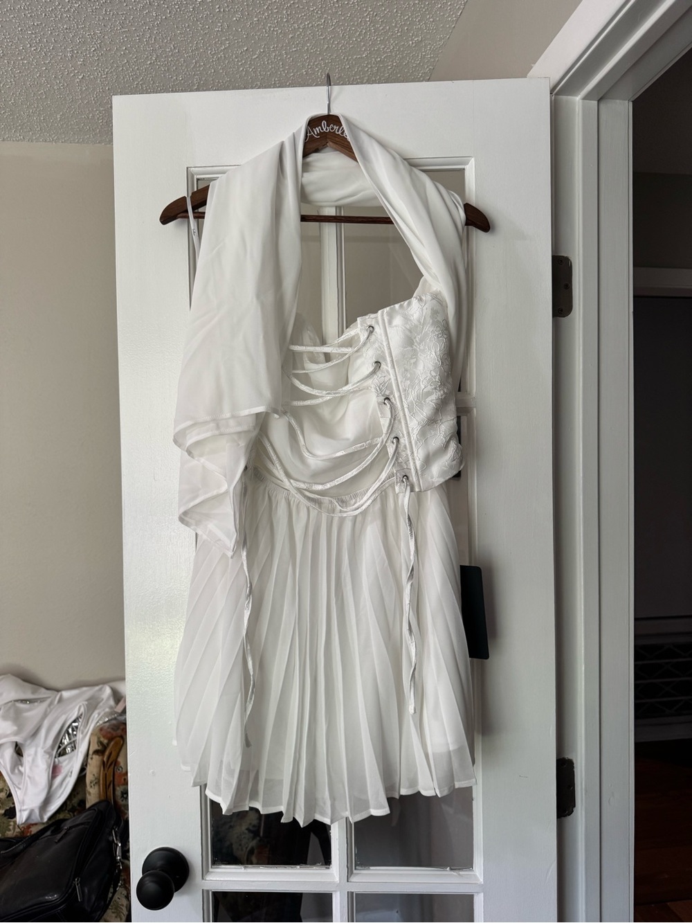 Lulu's White Strapless Embroidered Pleated Mini Dress with Scarf - Picture 6 of 6